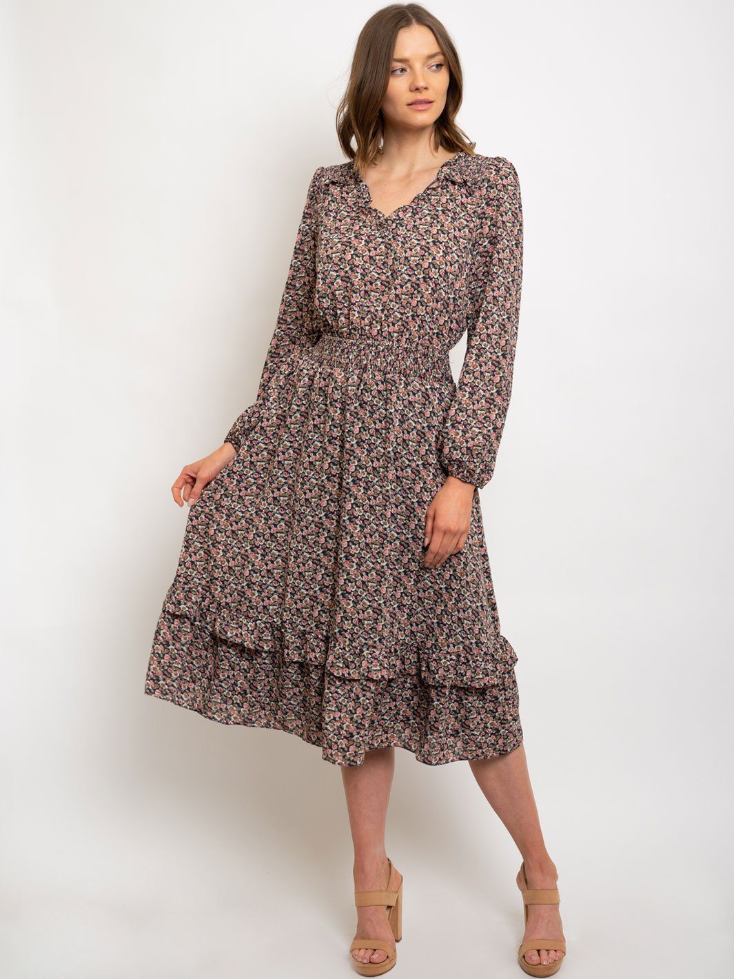 WOMEN'S DITSY PRINTED RUFFLE DETAILED WAIST SMOCKED MIDI DRESS