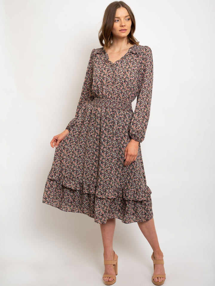 WOMEN'S DITSY PRINTED RUFFLE DETAILED WAIST SMOCKED MIDI DRESS