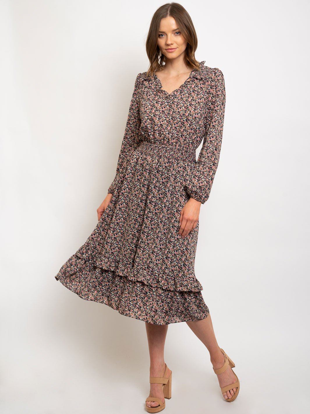 WOMEN'S DITSY PRINTED RUFFLE DETAILED WAIST SMOCKED MIDI DRESS