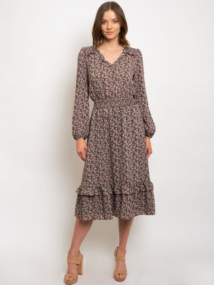 WOMEN'S DITSY PRINTED RUFFLE DETAILED WAIST SMOCKED MIDI DRESS