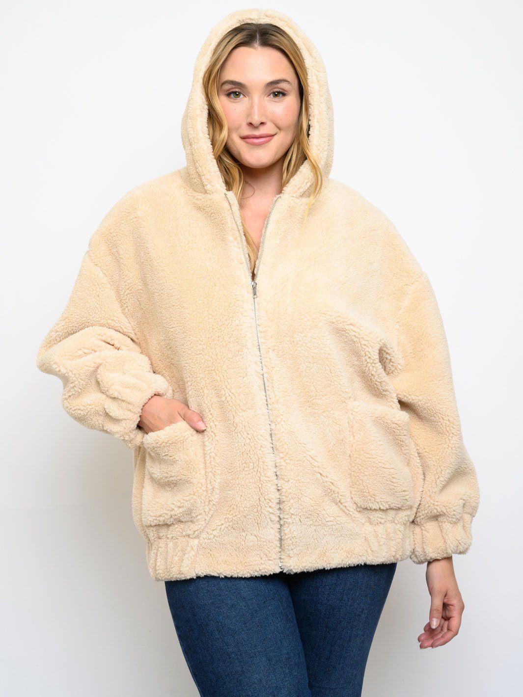 PLUS SIZE FUZZY HOODIE JACKET