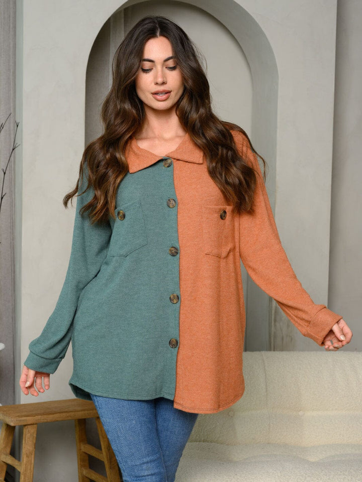 WOMEN'S LONG SLEEVE BUTTON UP COLORBLOCK TOP