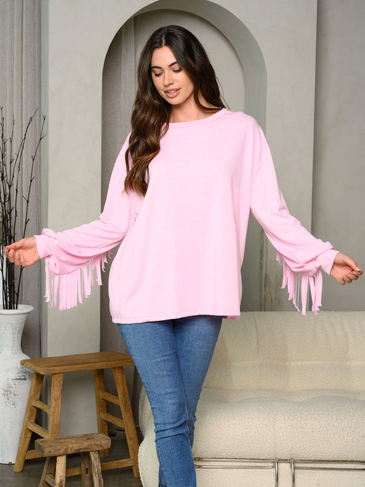 WOMEN'S LONG FRINGE SLEEVE SOLID TOP