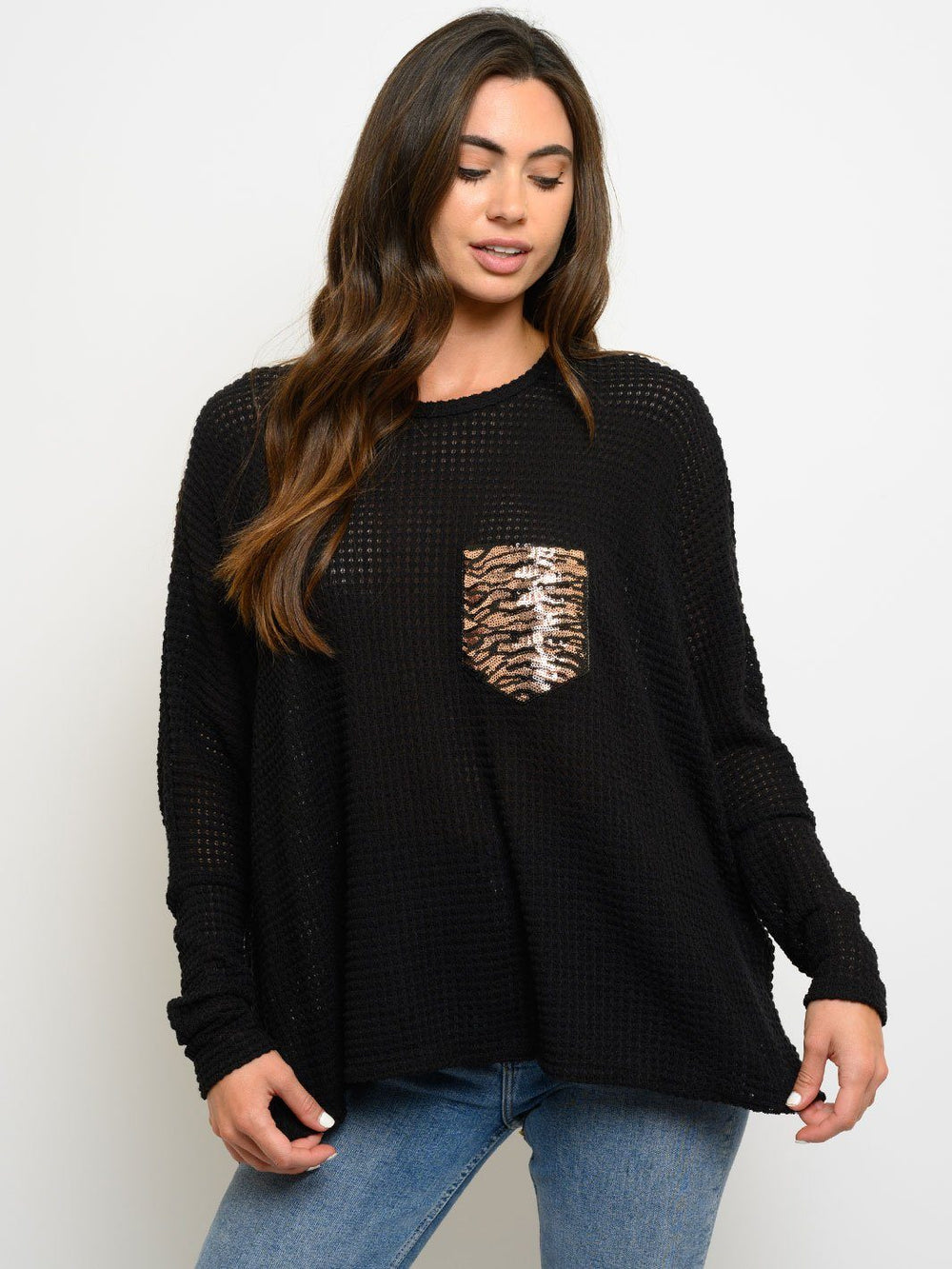 WOMEN'S LONG SLEEVE WAFFLE SEQUIN POCKET TOP