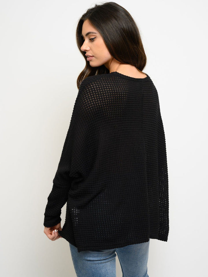 WOMEN'S LONG SLEEVE WAFFLE SEQUIN POCKET TOP