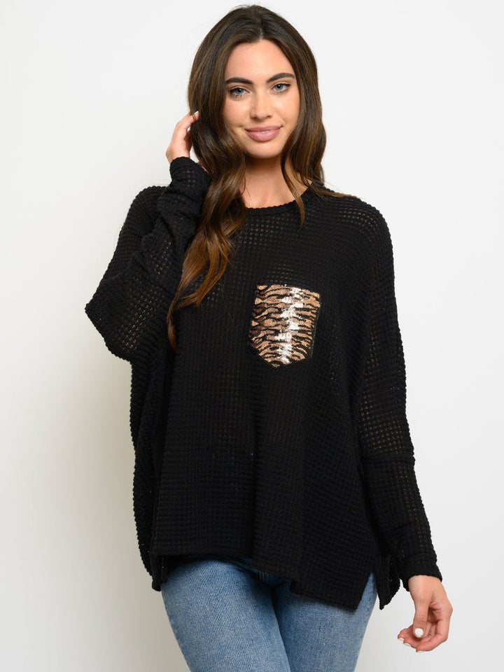 WOMEN'S LONG SLEEVE WAFFLE SEQUIN POCKET TOP