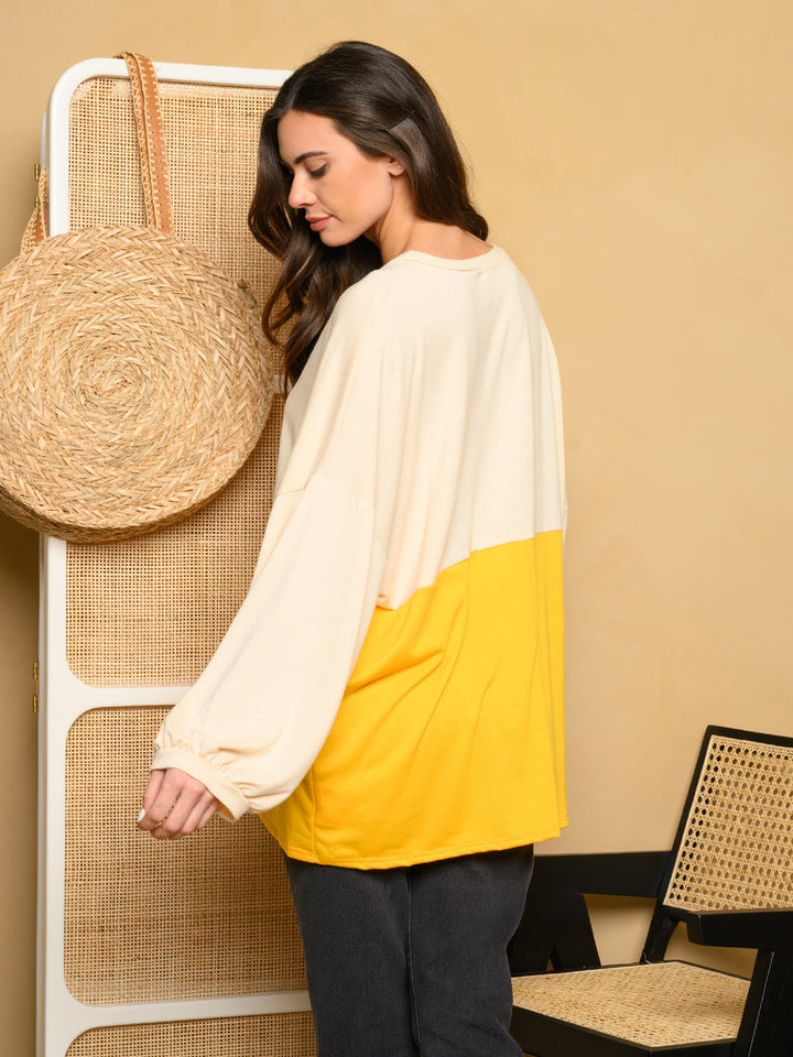 WOMEN'S LONG SLEEVE COLORBLOCK FRONT POCKETS TOP