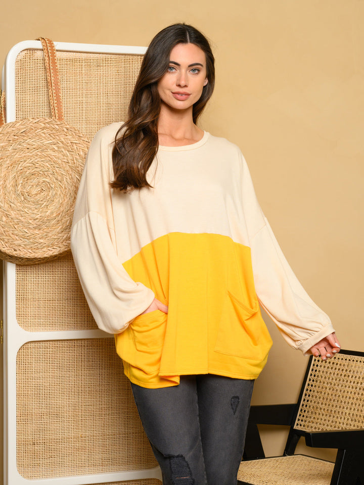 WOMEN'S LONG SLEEVE COLORBLOCK FRONT POCKETS TOP