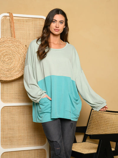 WOMEN'S LONG SLEEVE COLORBLOCK FRONT POCKETS TOP