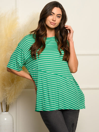 WOMEN'S SHORT RUFFLE SLEEVE STRIPES TOP