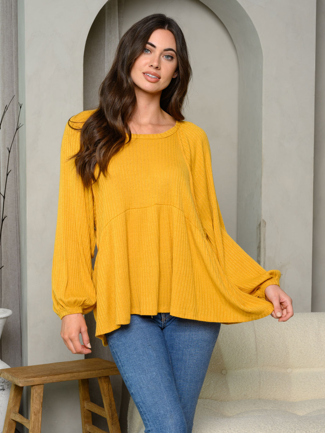 WOMEN'S LONG SLEEVE TIERED SOLID TUNIC TOP