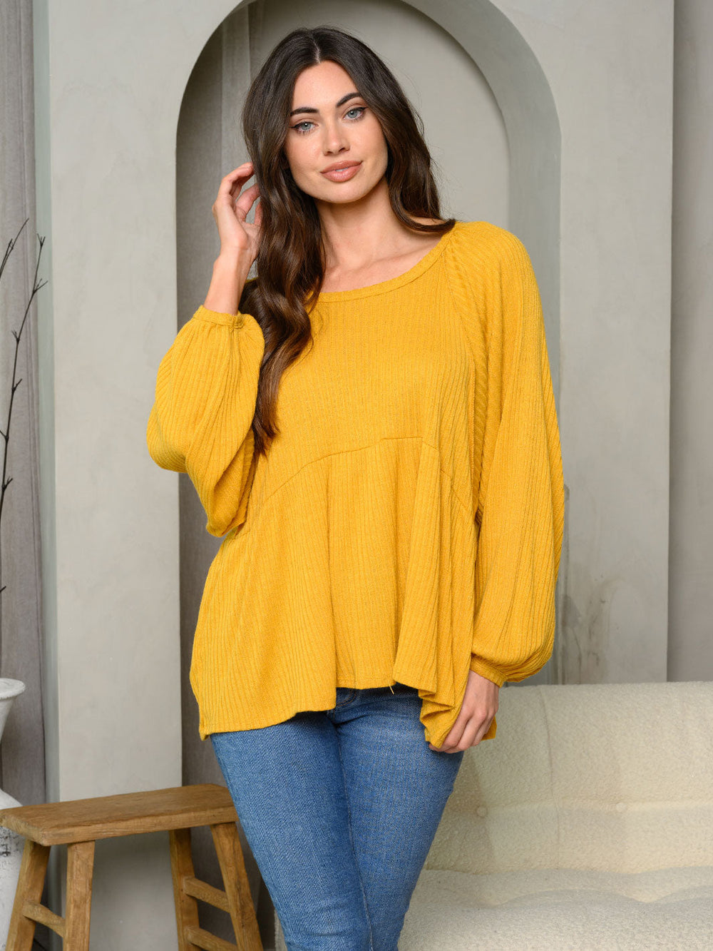 WOMEN'S LONG SLEEVE TIERED SOLID TUNIC TOP
