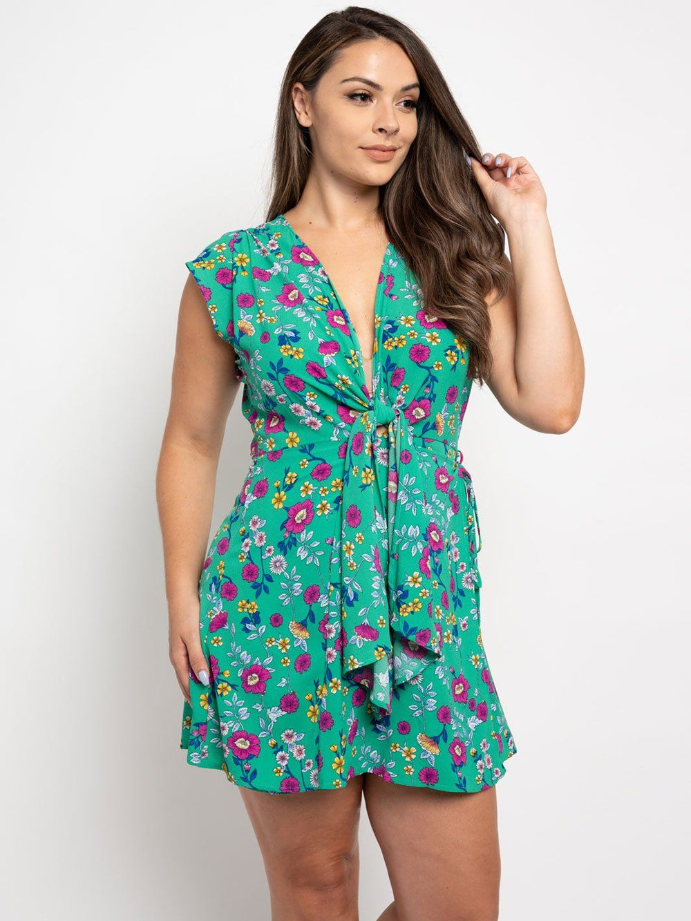 PLUS SIZE FLORAL WRAP MINI DRESS