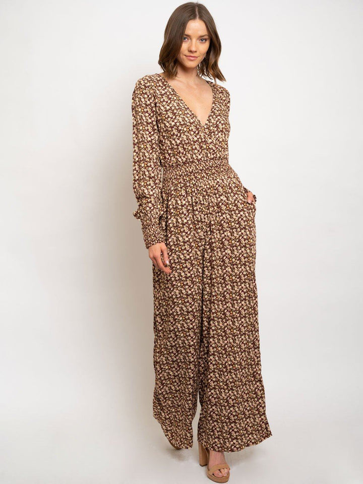 WOMEN'S DITZY PRINTED SMOCKING DETAILED JUMPSUIT