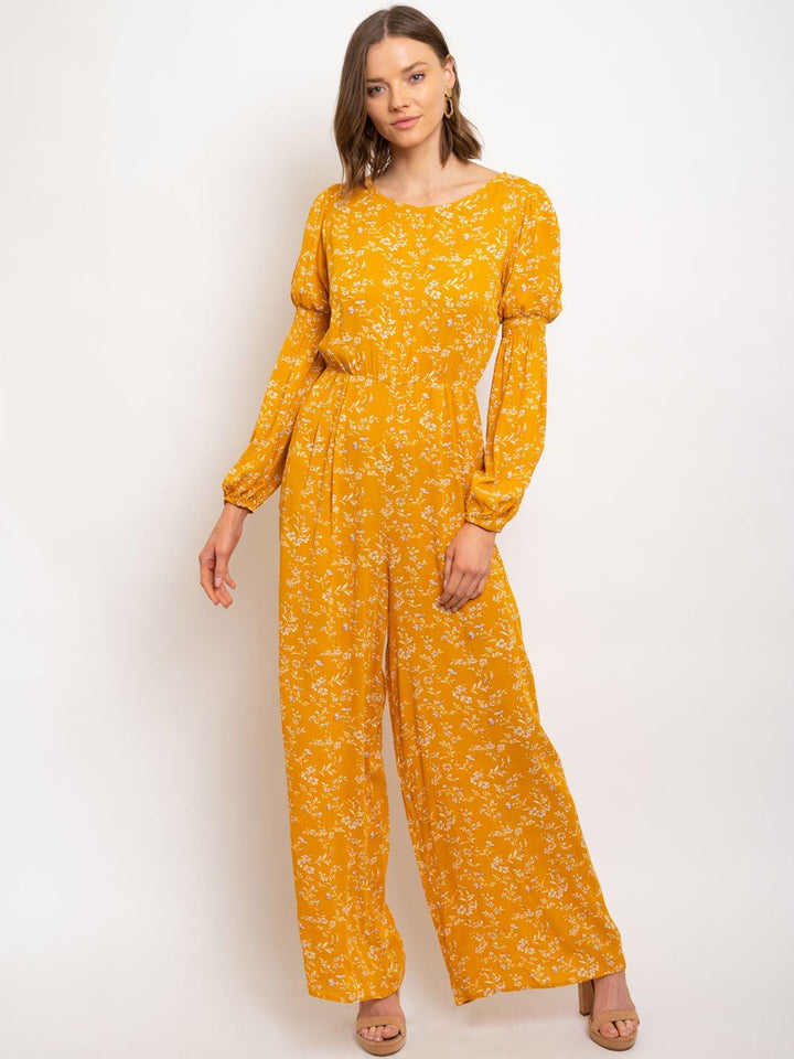 WOMEN'S SMOCKING DETAILED LONG SLEEVE PRINTED GAUZE JUMPSUIT