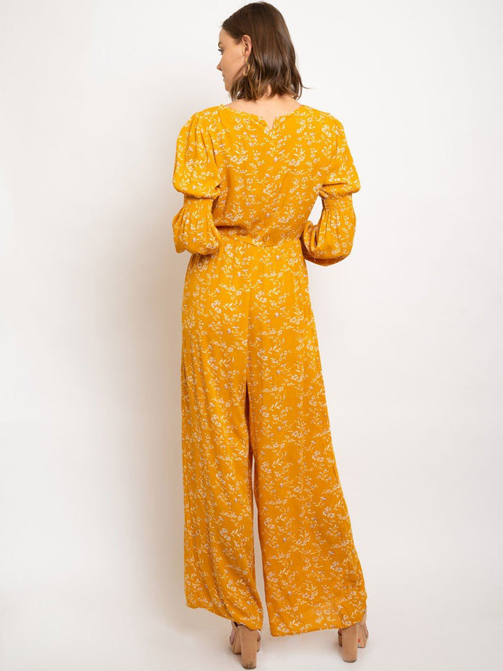 WOMEN'S SMOCKING DETAILED LONG SLEEVE PRINTED GAUZE JUMPSUIT