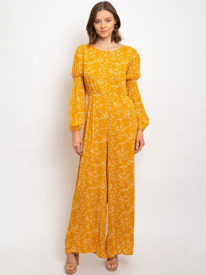 WOMEN'S SMOCKING DETAILED LONG SLEEVE PRINTED GAUZE JUMPSUIT