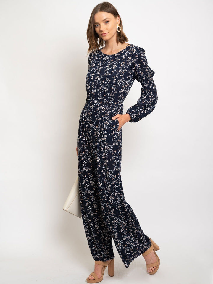 WOMEN'S SMOCKING DETAILED LONG SLEEVE PRINTED GAUZE JUMPSUIT