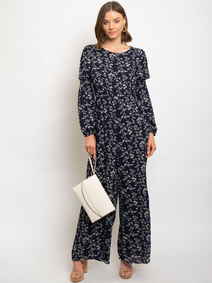 WOMEN'S SMOCKING DETAILED LONG SLEEVE PRINTED GAUZE JUMPSUIT
