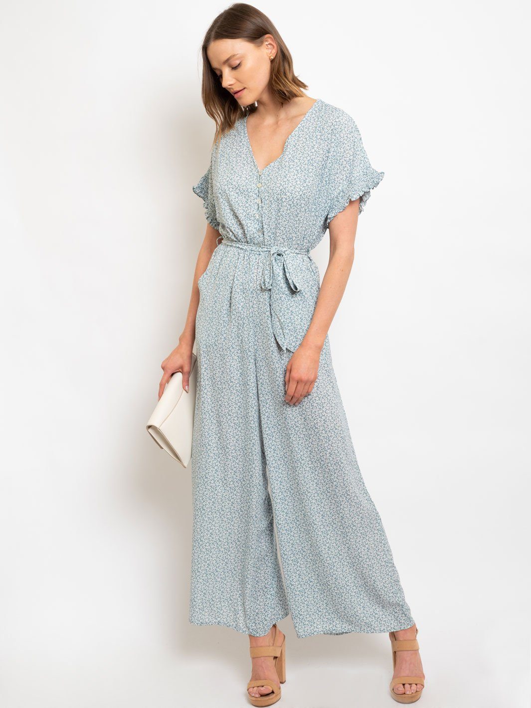 WOMEN'S SMOCKING DETAILED SLEEVE BUTTON DOWN JUMPSUIT