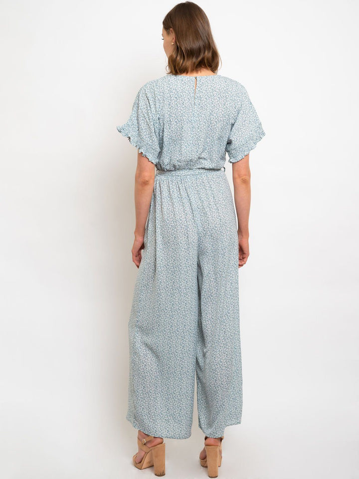 WOMEN'S SMOCKING DETAILED SLEEVE BUTTON DOWN JUMPSUIT