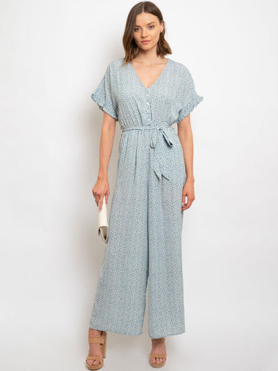 WOMEN'S SMOCKING DETAILED SLEEVE BUTTON DOWN JUMPSUIT