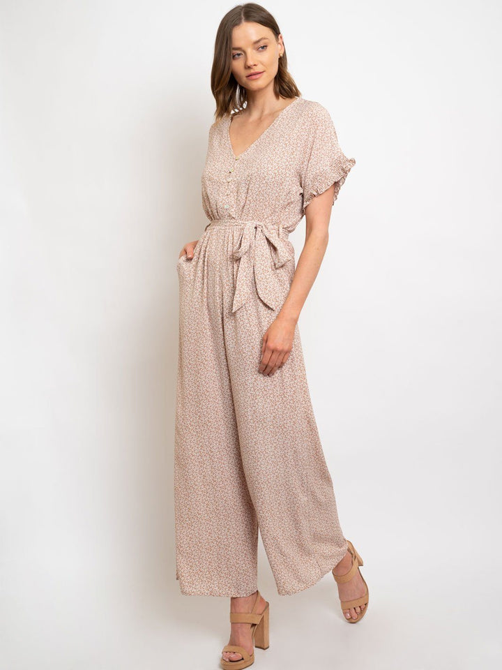 WOMEN'S SMOCKING DETAILED SLEEVE BUTTON DOWN JUMPSUIT
