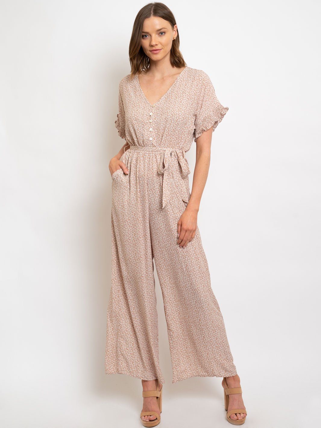 WOMEN'S SMOCKING DETAILED SLEEVE BUTTON DOWN JUMPSUIT