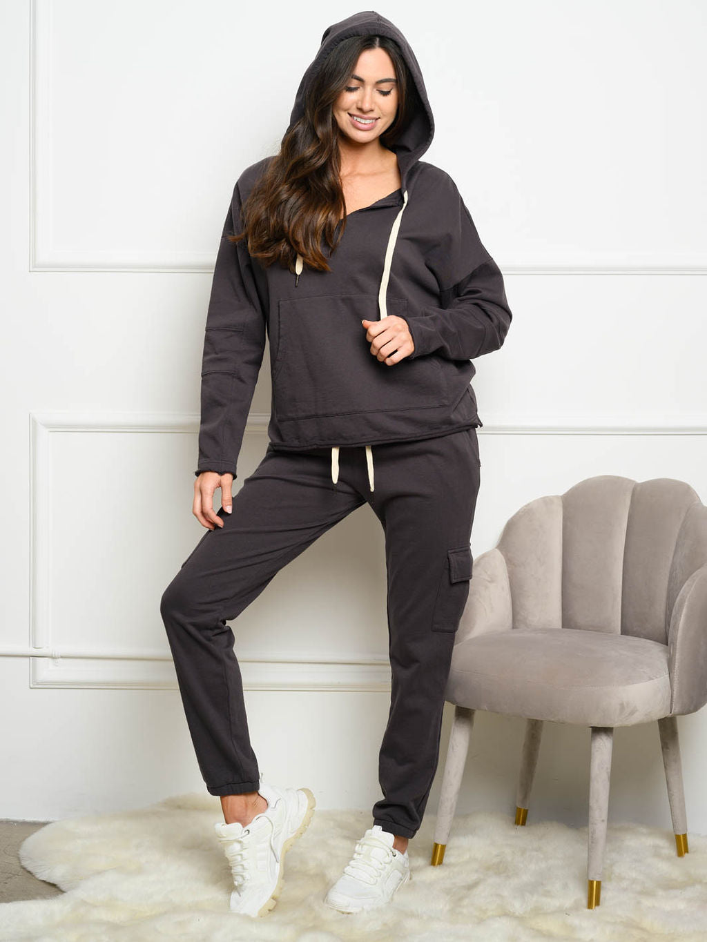 WOMEN'S RAW EDGE POCKETS HOODED SWEATER