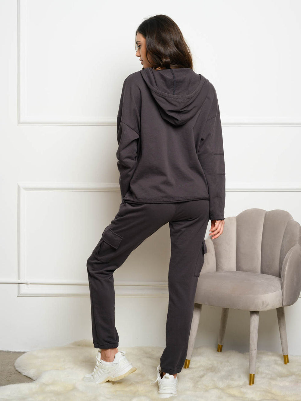 WOMEN'S RAW EDGE POCKETS HOODED SWEATER