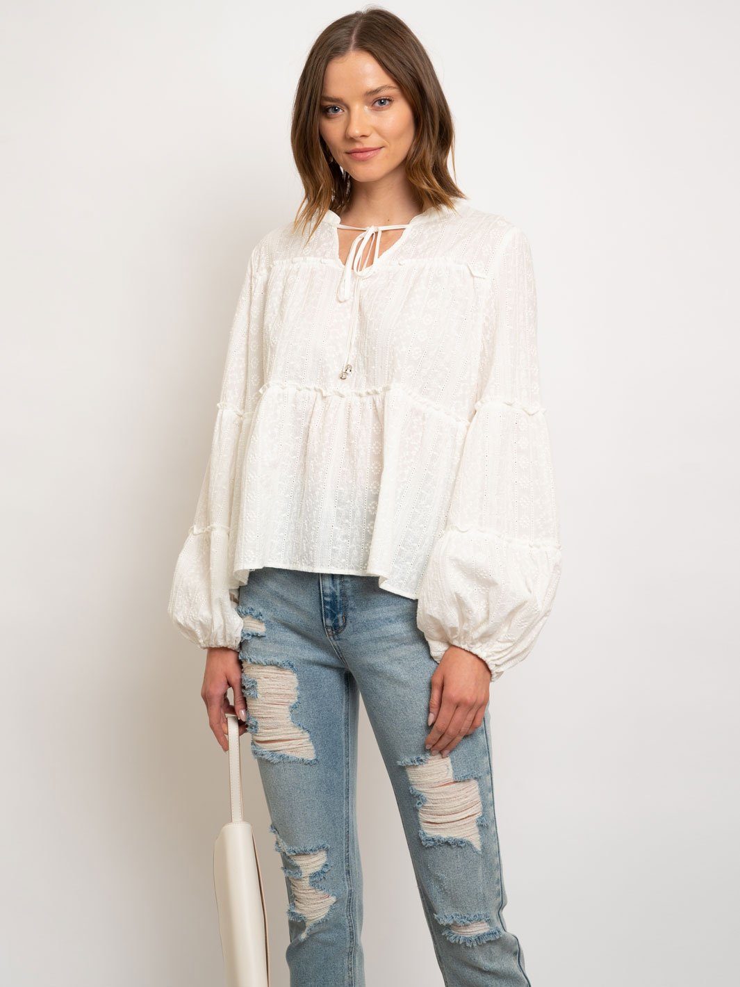 WOMEN'S EMBROIDERY TIERED LONG SLEEVE TOP