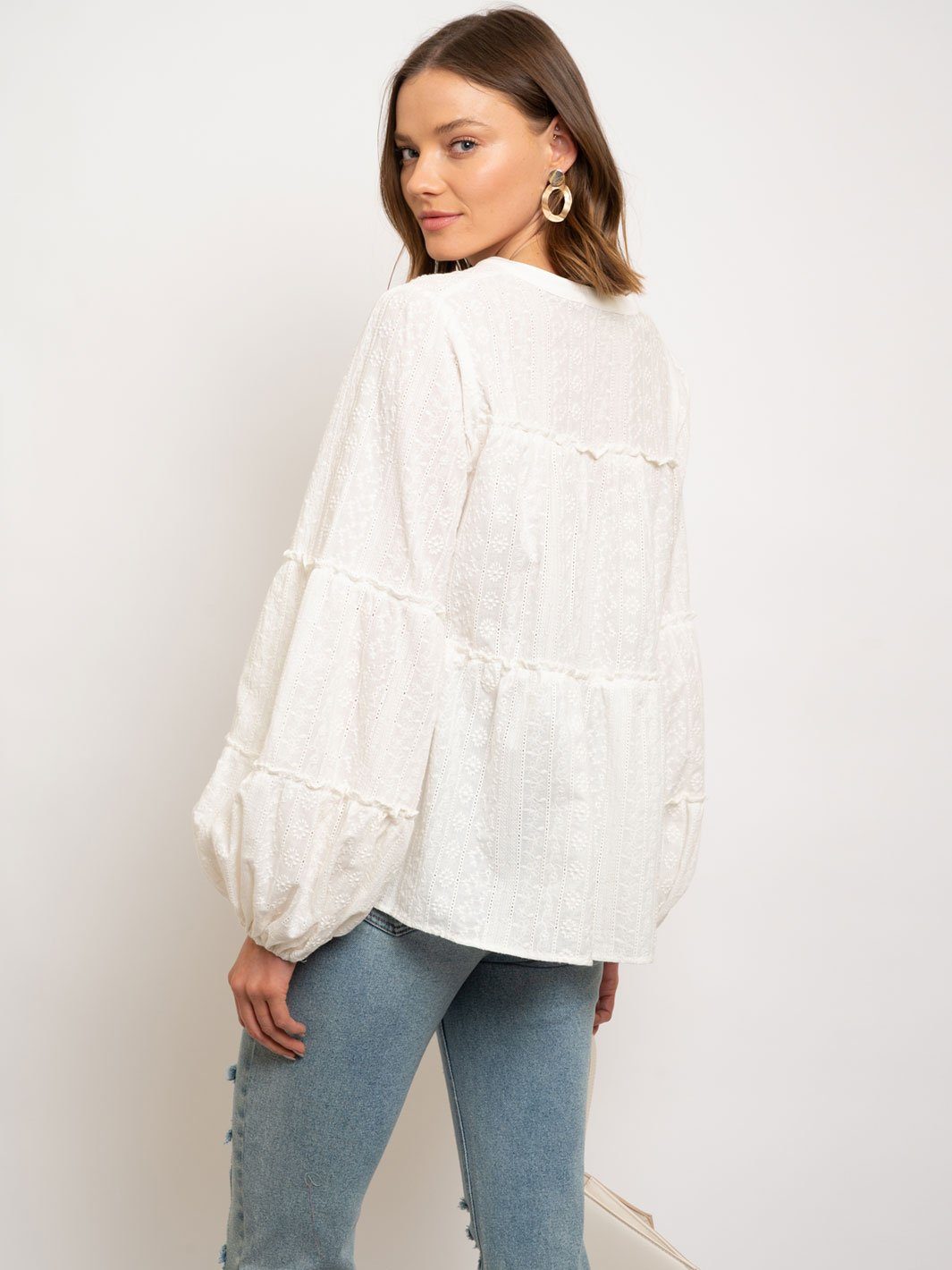 WOMEN'S EMBROIDERY TIERED LONG SLEEVE TOP