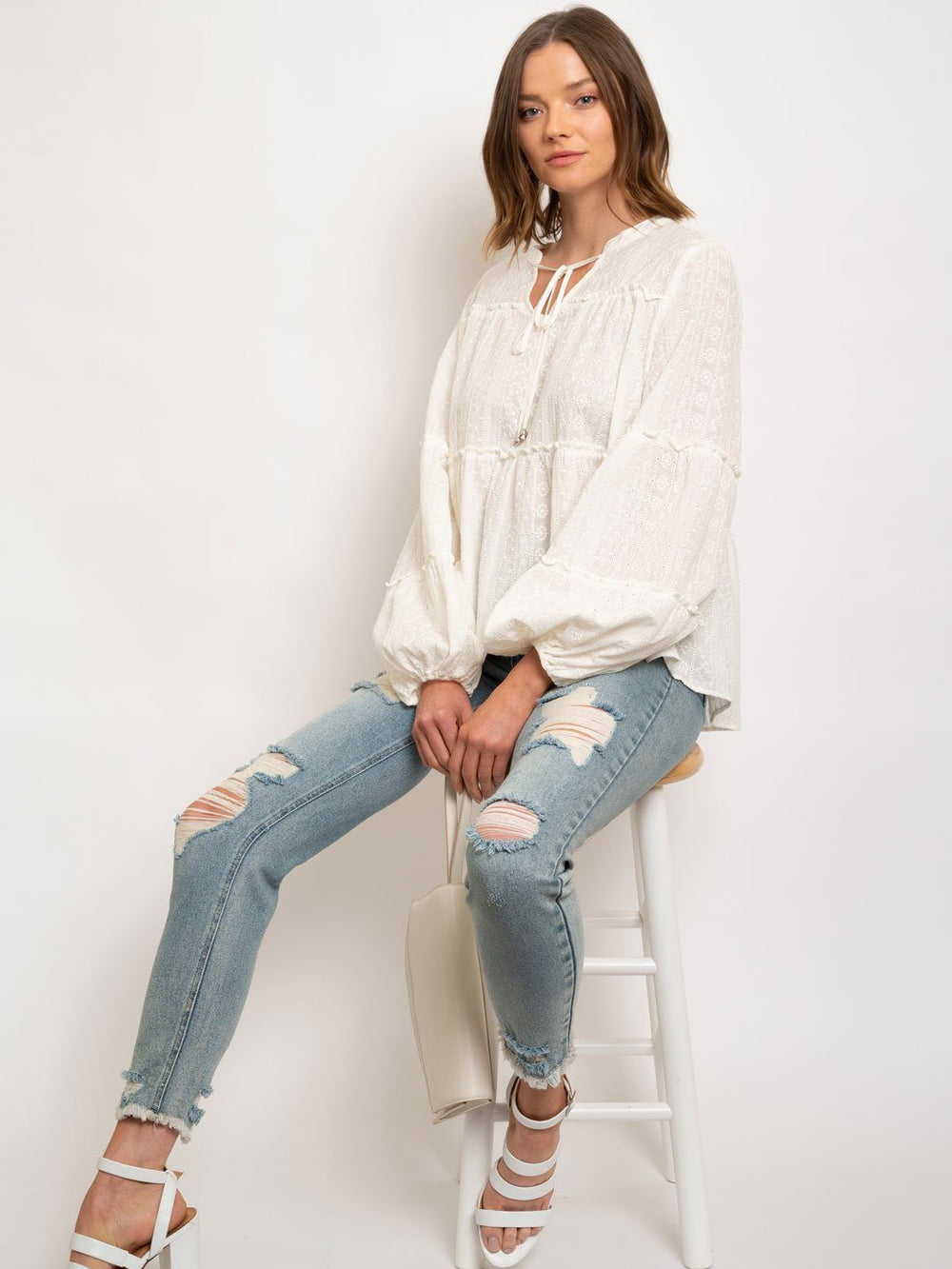 WOMEN'S EMBROIDERY TIERED LONG SLEEVE TOP