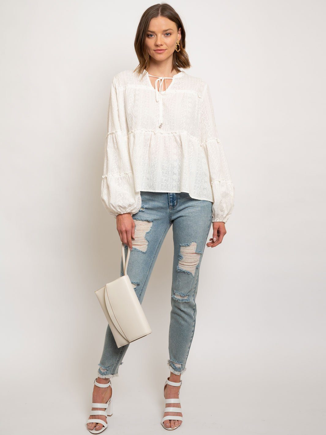 WOMEN'S EMBROIDERY TIERED LONG SLEEVE TOP