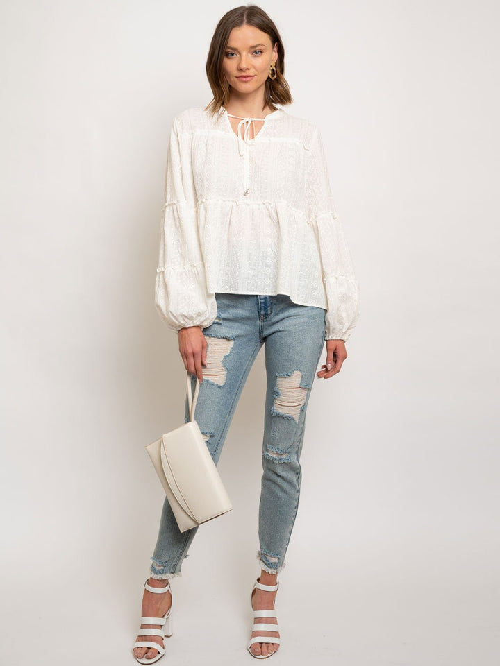 WOMEN'S EMBROIDERY TIERED LONG SLEEVE TOP