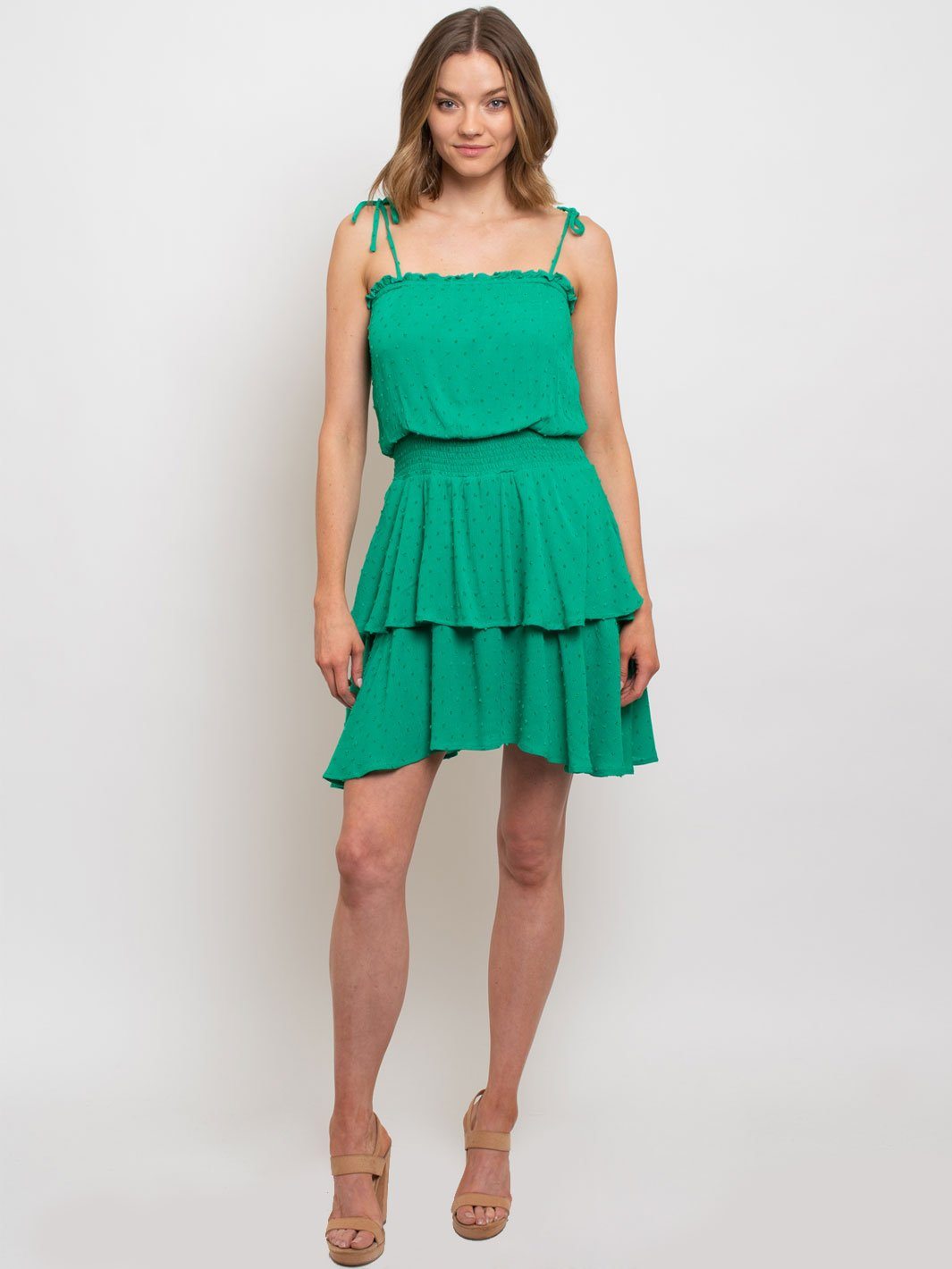 WOMEN'S TIE SHOULDER STRAP RUFFLE TIERED DRESS
