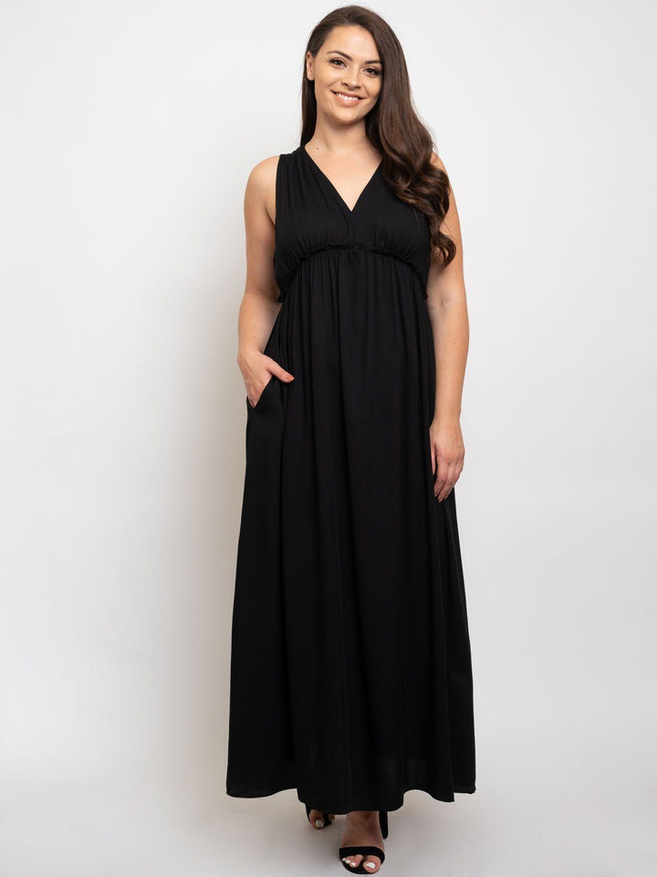 WOMEN'S V-NECK MAXI WITH POCKETS DRESS