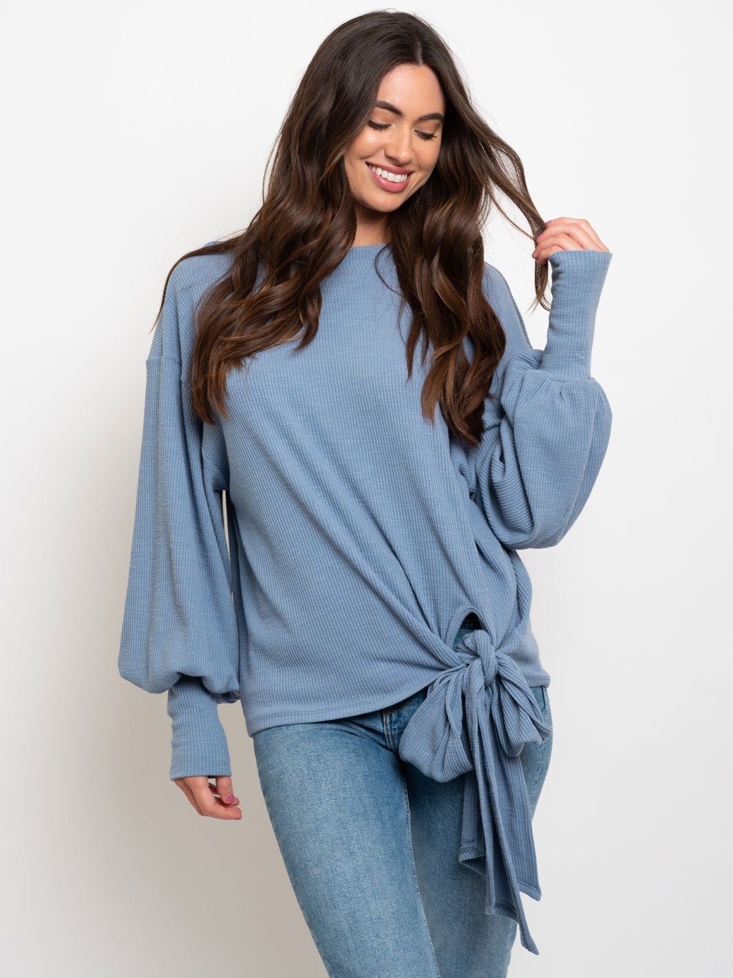 WOMEN'S TEXTURED POLLOVER TIE WAIST TOP