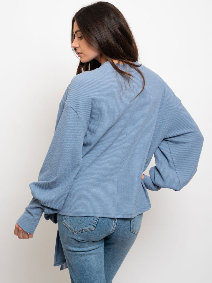 WOMEN'S TEXTURED POLLOVER TIE WAIST TOP