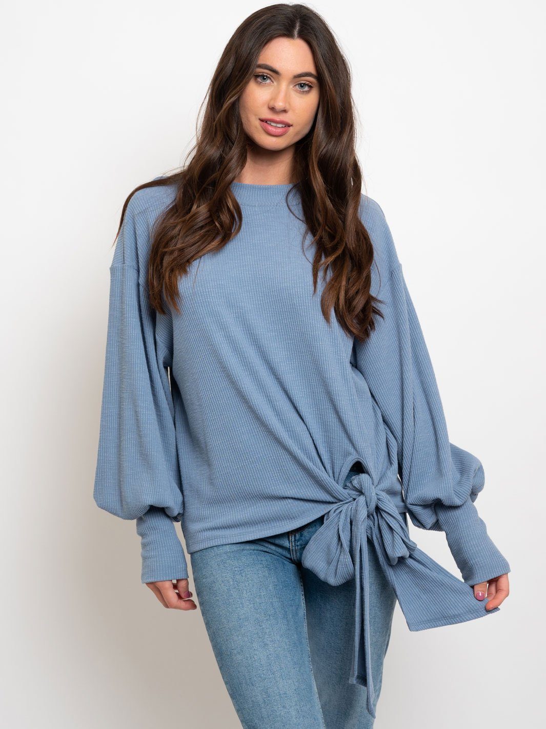 WOMEN'S TEXTURED POLLOVER TIE WAIST TOP