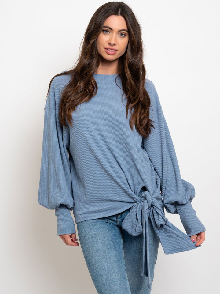 WOMEN'S TEXTURED POLLOVER TIE WAIST TOP