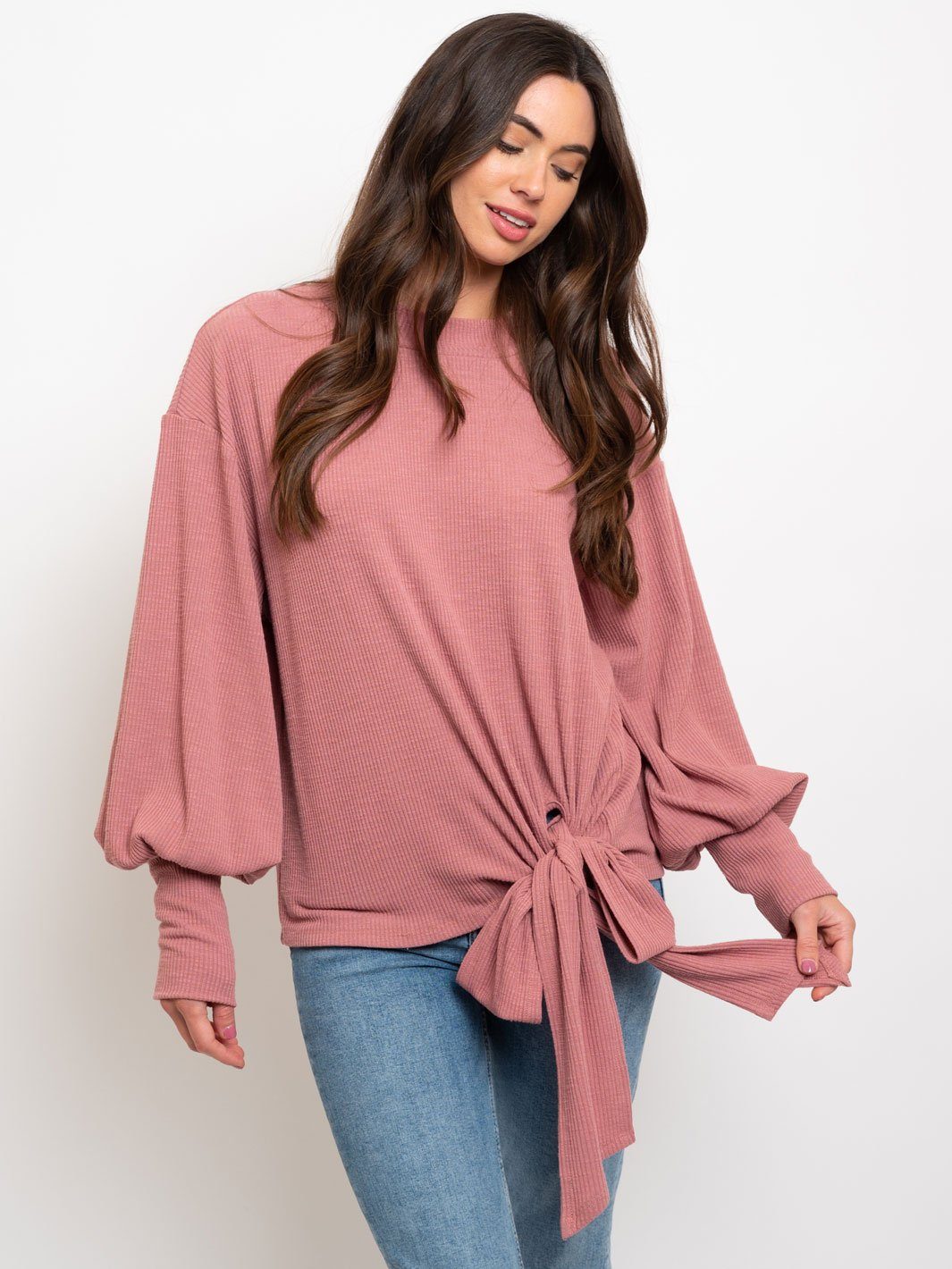 WOMEN'S TEXTURED POLLOVER TIE WAIST TOP