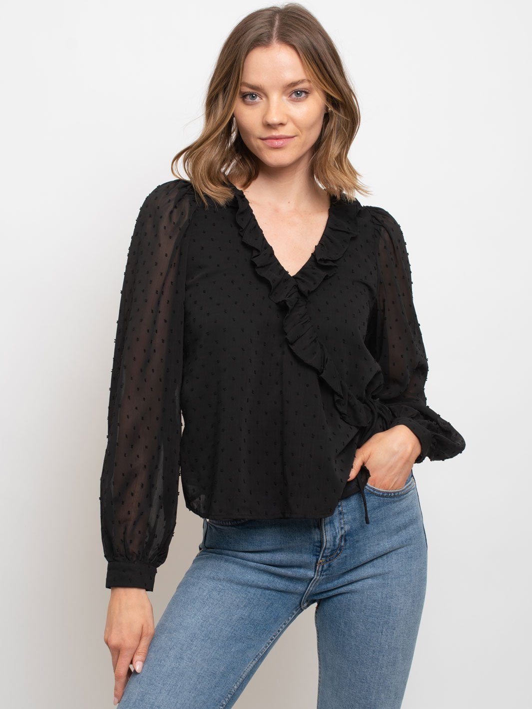 WOMEN'S POLKA DOT RUFFLED WRAP TOP