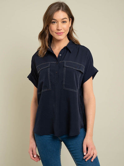 WOMEN'S WOVEN FRONT POCKETS TOP
