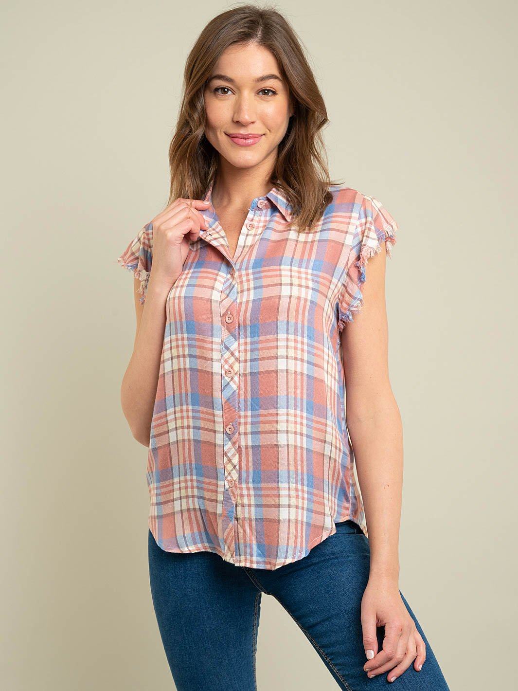 WOMEN'S SLEEVELESS PLAID WOVEN TOP