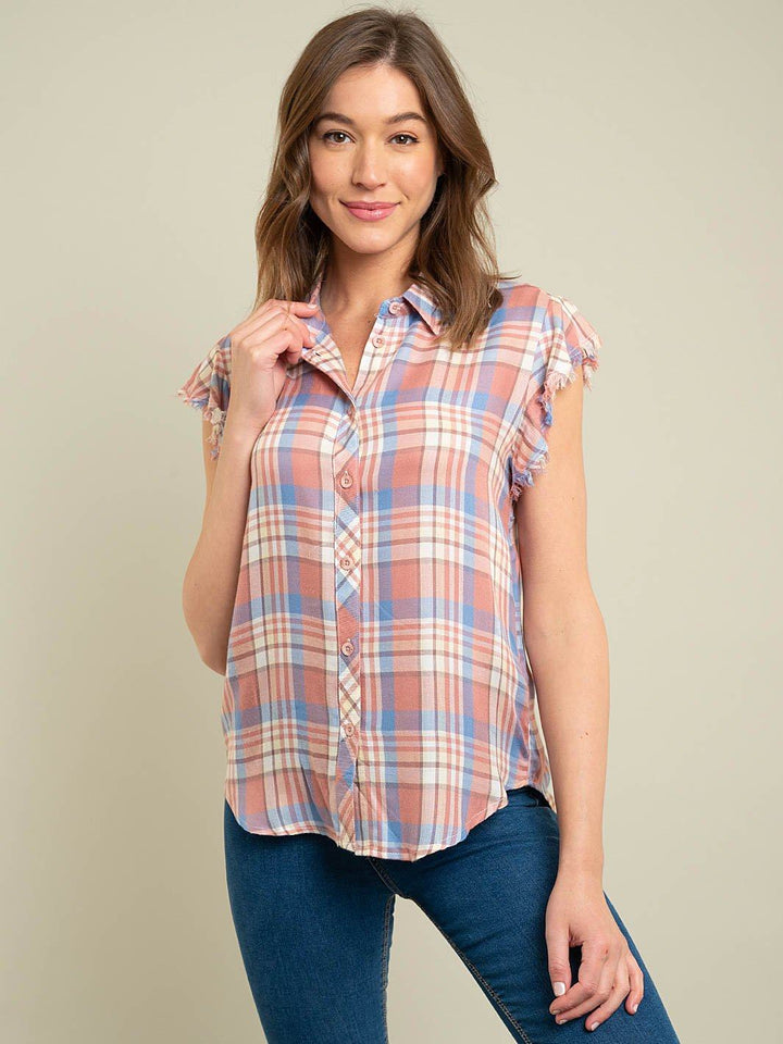 WOMEN'S SLEEVELESS PLAID WOVEN TOP