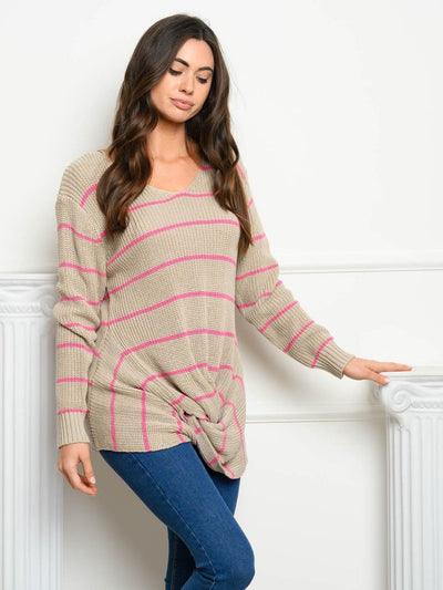 WOMEN'S LONG SLEEVE V-NECK STRIPED SWEATER