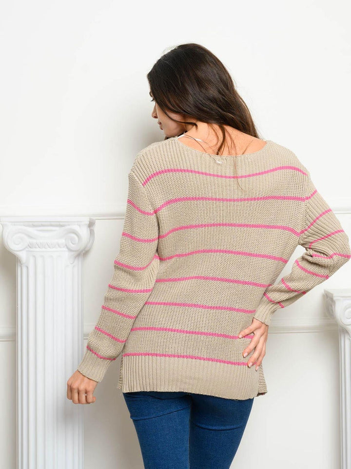 WOMEN'S LONG SLEEVE V-NECK STRIPED SWEATER