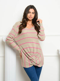 WOMEN'S LONG SLEEVE V-NECK STRIPED SWEATER