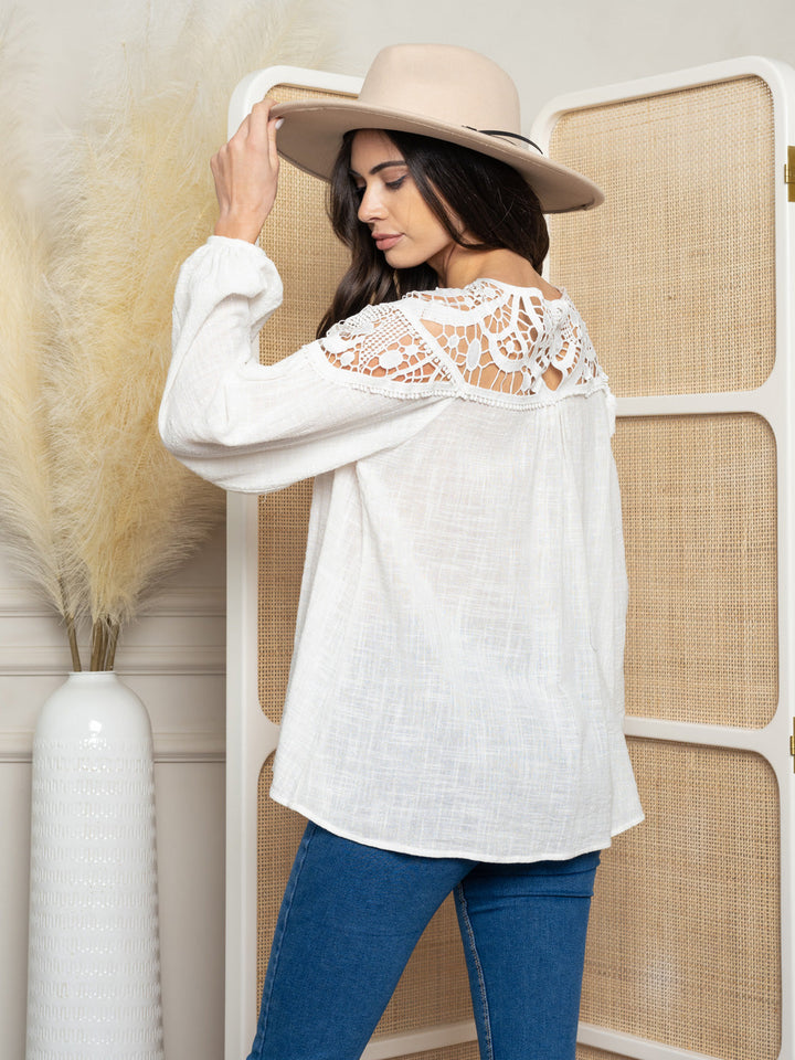 WOMEN'S LACE SHOULDER VINTAGE GAUGE BELL SLEEVE TOP